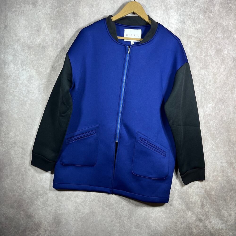 Buru Bomber Jacket Womens Medium Blue Black Colorblock Scuba Zip Up Pockets NEW